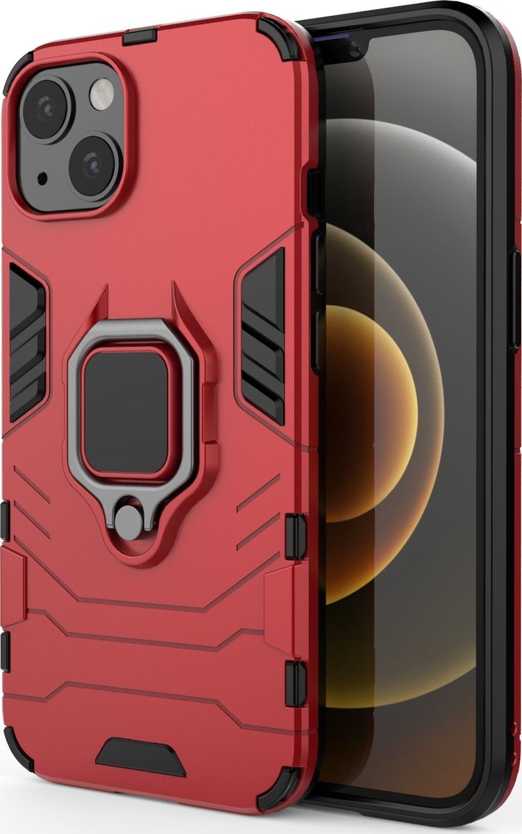 Mobigear Hoesje geschikt voor Apple iPhone 13 Telefoonhoesje Hardcase | Mobigear Armor Ring Backcover Shockproof met Ringhouder | Schokbestendig iPhone 13 Telefoonhoesje | Anti Shock Proof - Rood
