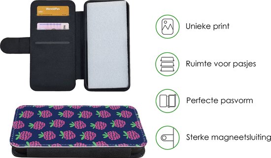 Étui pour téléphone iPhone 12 Bookcase - Motif - Framboise - Rétro - Avec compartiments - Étui portefeuille avec fermeture magnétique