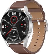 Belesy® NUMBER 3 MAX FOR HIM - Smartwatch Heren - Horloge – Stappenteller – Calorieën - Hartslag – Sporten - Splitscreen - Eigen wijzerplaat - Full Touch - Bluetooth Bellen – Zilver – Leer - Bruin - Moederdag