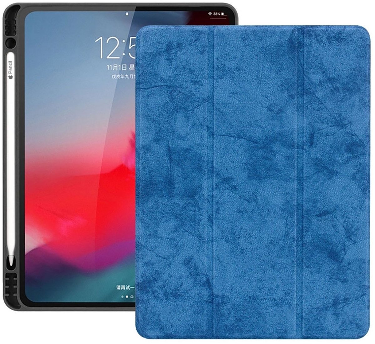 Mobigear Tablethoes geschikt voor Apple iPad Pro 12.9 Inch (2018) Hoes | Mobigear Tri-Fold Gel Bookcase + Stylus Houder - Blauw
