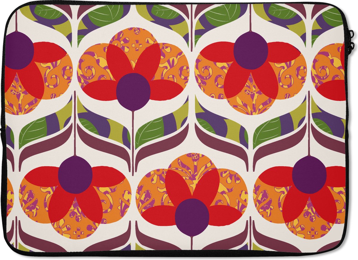 Laptophoes 14 inch - Retro - Flower Power - Vintage - Kleuren - Laptop sleeve - Binnenmaat 33x23 cm - Zwarte achterkant