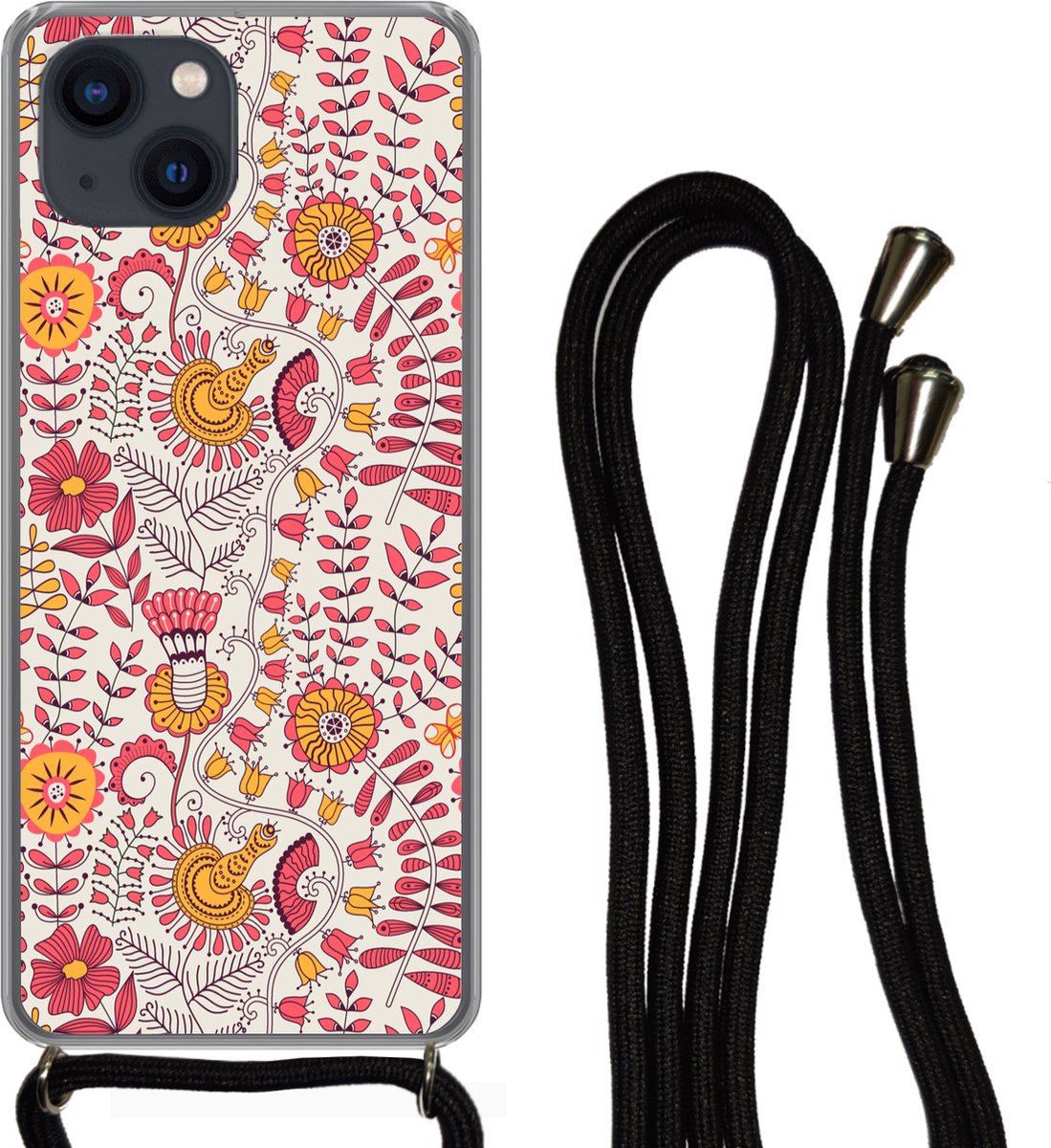 Telefoonhoesje Geschikt voor iPhone 13 Mini - Bloemen - Design - Roze - Oranje - Siliconen - Crossbody - Backcover met Koord - Telefoonhoesje met koord - Hoesje met touw Telefoonhoesje