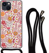 Hoesje met koord Geschikt voor iPhone 13 Mini - Bloemen - Design - Roze - Oranje - Siliconen - Crossbody - Backcover met Koord - Telefoonhoesje met koord - Hoesje met touw