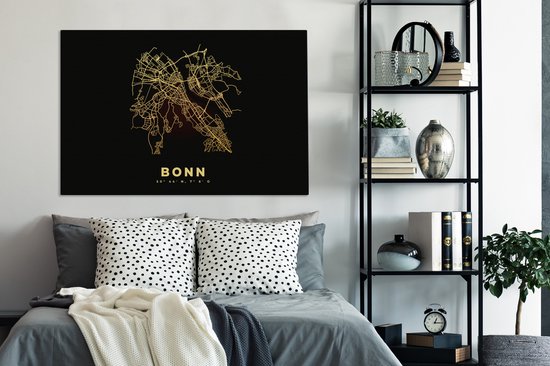 Canvas schilderij 140x90 cm - Wanddecoratie Kaart - Bonn - Goud - Stadskaart - Plattegrond - Muurdecoratie woonkamer - Slaapkamer decoratie - Kamer accessoires - Schilderijen