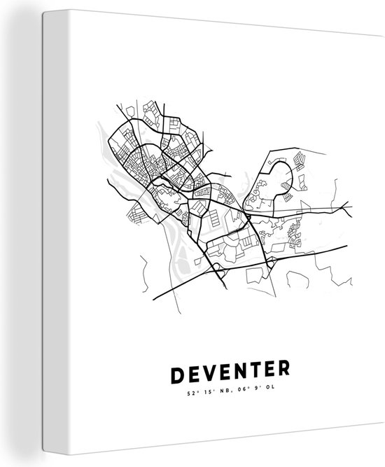 Canvas Schilderij Plattegrond – Deventer – Zwart Wit – Stadskaart - Kaart - Nederland - 50x50 cm - Wanddecoratie