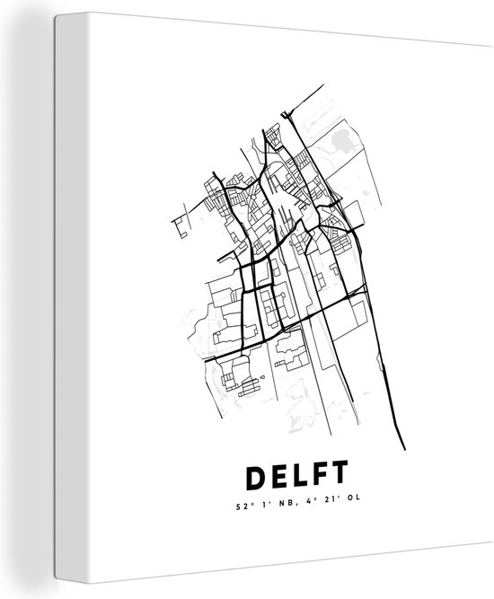 Canvas Schilderij Kaart – Plattegrond – Stadskaart – Delft – Nederland – Zwart Wit - 50x50 cm - Wanddecoratie