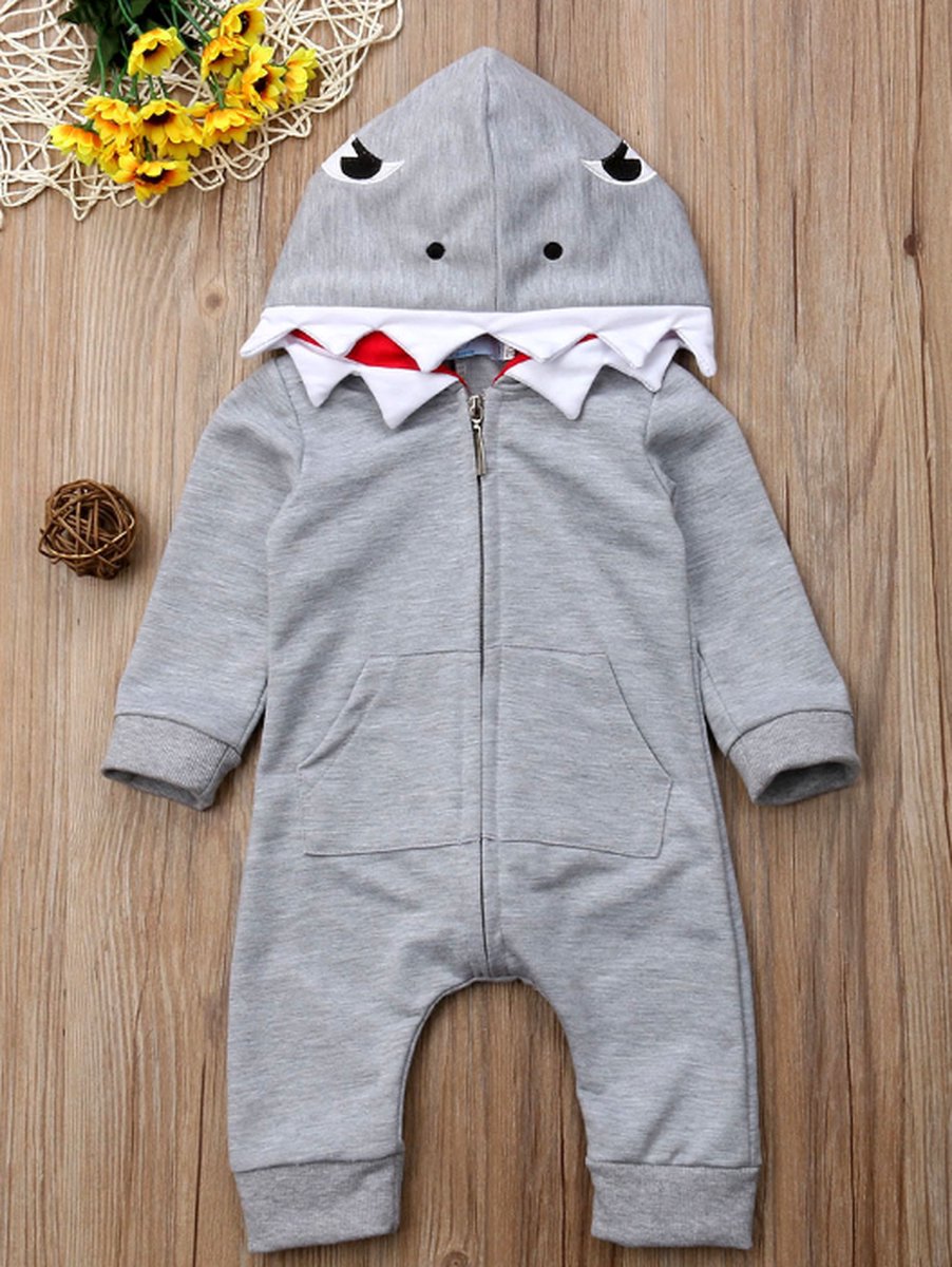 Budino® - Haai - Baby Onesie - Baby Romper - Baby Pyjama - Baby Pakje - Baby Verkleedkleding - Carnavalskleding - Dier - Grijs - maat 80