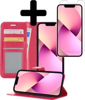 iPhone 13 Pro Hoesje Book Case Hoes Met Screenprotector - iPhone 13 Pro Case Wallet Cover - iPhone 13 Pro Hoesje Met Screenprotector - Donker Roze