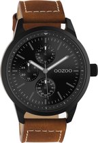 OOZOO Timepieces - Zwarte horloge met bruine leren band - C10908 - Ø45