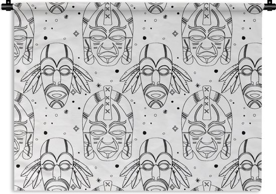 Wandkleed - Wanddoek - Inca - Maskers - Patroon - Zwart-wit - 60x45 cm - Wandtapijt