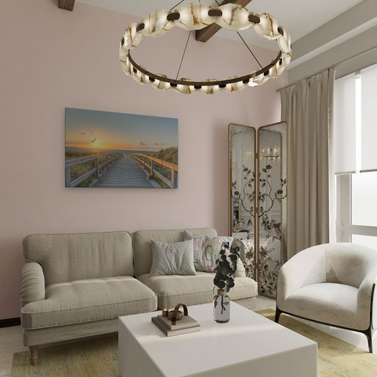 Artaza Canvas Schilderij Voetpad met Zee en Vogels - 90x60 cm - Wanddecoratie Woonkamer - Schilderijen - Muurdecoratie