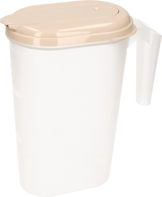 Waterkan/sapkan transparant/taupe met deksel 1.6 liter kunststof - Smalle schenkkan die in de koelkastdeur past