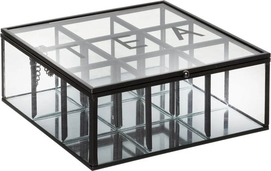 Theedoos/theekist industrieel zwart 9-vaks 18,5 x 17,5 cm van glas/metaal - Theezakjes doos/kist
