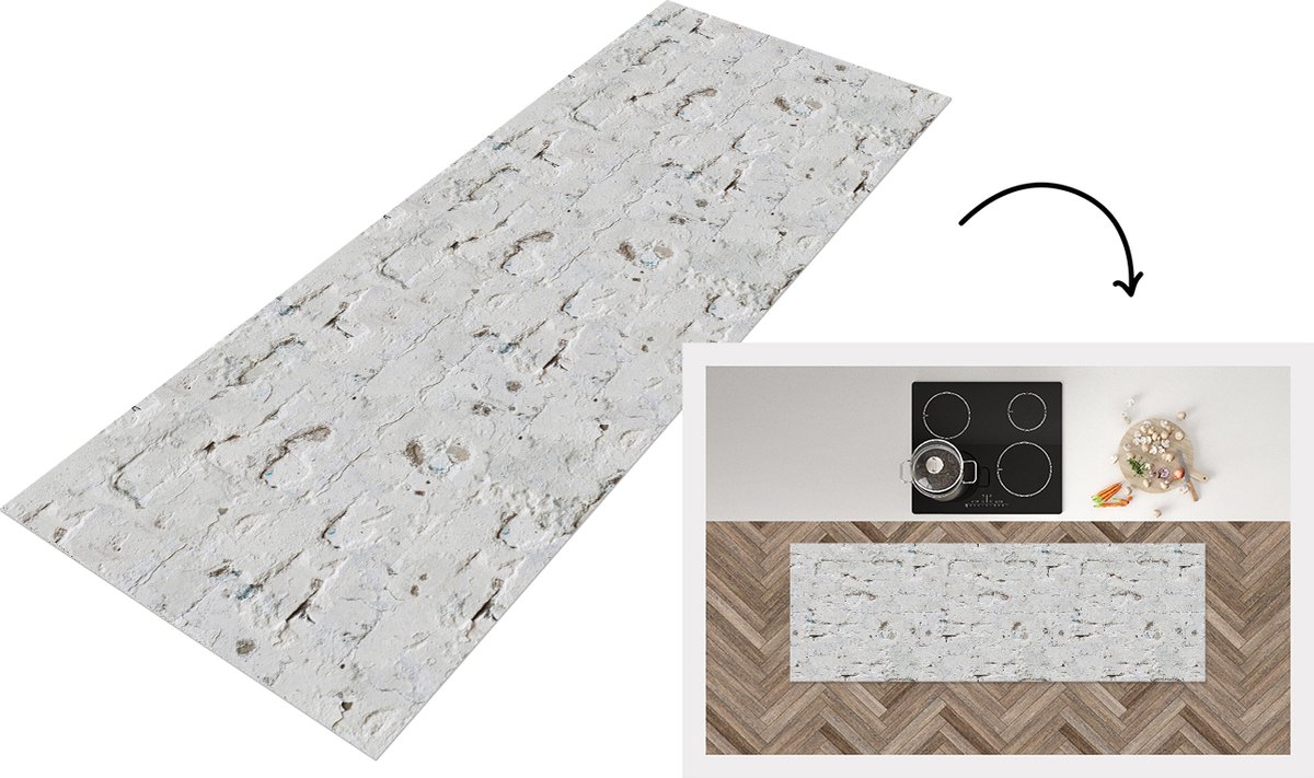 KitchenYeah Keukenloper - Loper keuken - Muur - Antiek - Gips - Patronen - 150x50 cm - Keukenloper vinyl Multicolor