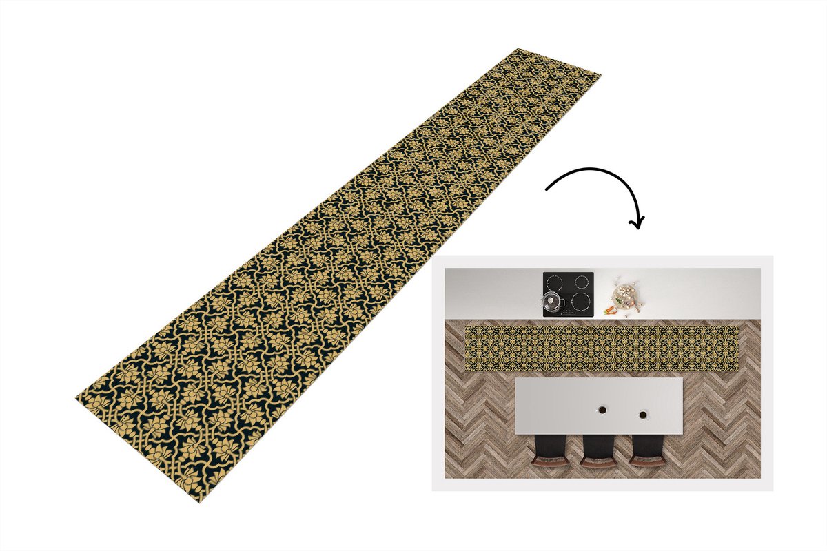 KitchenYeah Keukenloper - Loper keuken - Bloemen - Zwart - Goud - Patronen - Keukenloper vinyl, foto 2