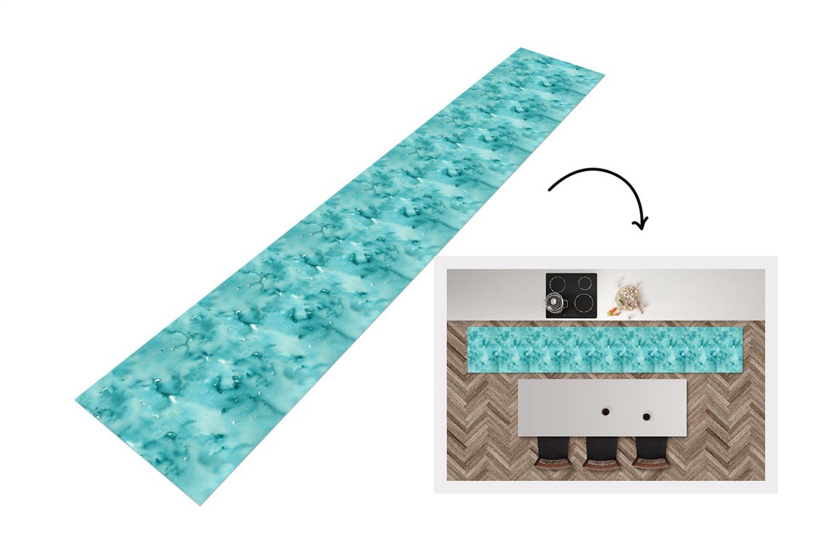 Keukenloper - Loper keuken - Patroon - Turquoise - Waterverf - 300x50 cm - Keukenloper vin