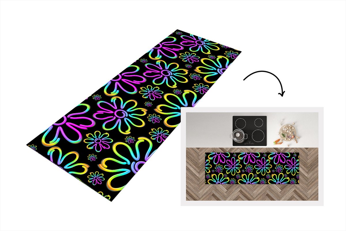 KitchenYeah Keukenloper - Loper keuken - Bloemen - Neon - Patronen - Psychedelisch - 180x60 cm - Keukenloper vinyl Multicolor