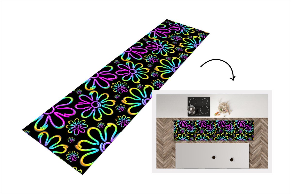 KitchenYeah Keukenloper - Loper keuken - Bloemen - Neon - Patronen - Psychedelisch - 200x50 cm - Keukenloper vinyl Multicolor