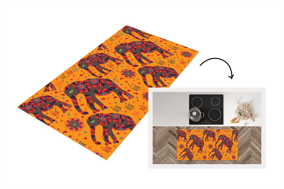 Keukenloper - Loper keuken - Olifant - Ornament - Bloemen - Patroon - 120x60 cm - Keukenlo