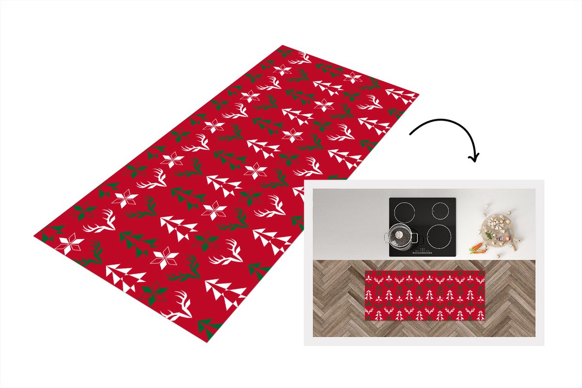 KitchenYeah Keukenloper - Loper keuken - Hert - Patroon - Kerst - 120x50 cm - Keukenloper vinyl Multicolor