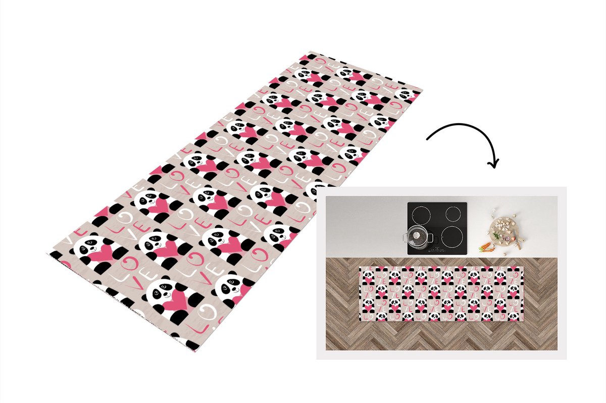 KitchenYeah Keukenloper - Loper keuken - Hartjes - Panda - Patronen - 180x60 cm - Keukenloper vinyl Multicolor