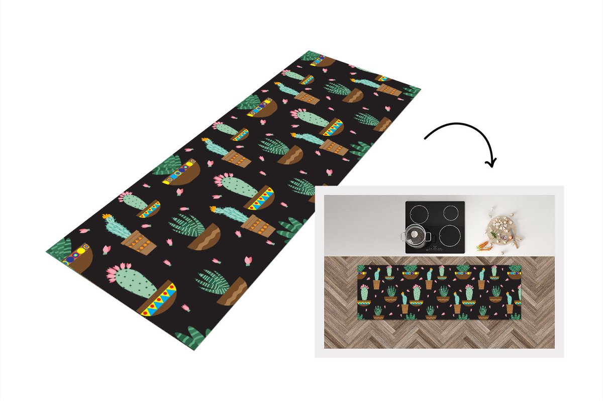 KitchenYeah Keukenloper - Loper keuken - Cactus - Patronen - Planten - 180x60 cm - Keukenloper vinyl Multicolor