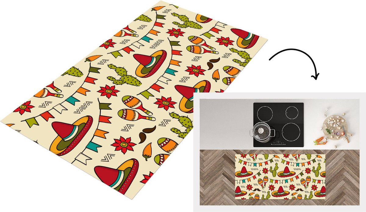 KitchenYeah Keukenloper - Loper keuken - Mexico - Cactus - Patronen - 120x60 cm - Keukenloper vinyl Multicolor