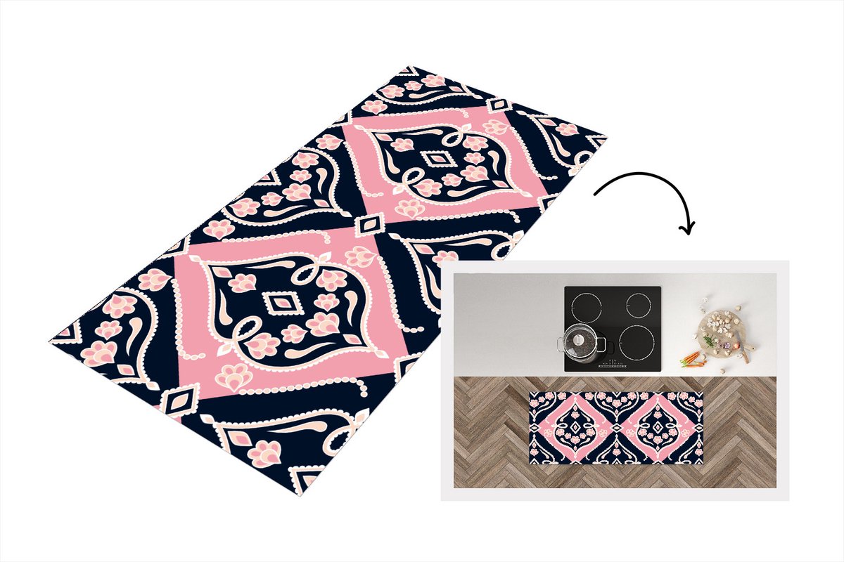 KitchenYeah Keukenloper - Loper keuken - Bloemen - Roze - Ornament - Design - 120x50 cm - Keukenloper vinyl Multicolor