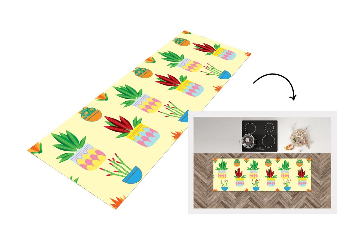 KitchenYeah Keukenloper - Loper keuken - Planten - Bloempot - Patronen - Regenboog - 150x50 cm - Keukenloper vinyl Multicolor