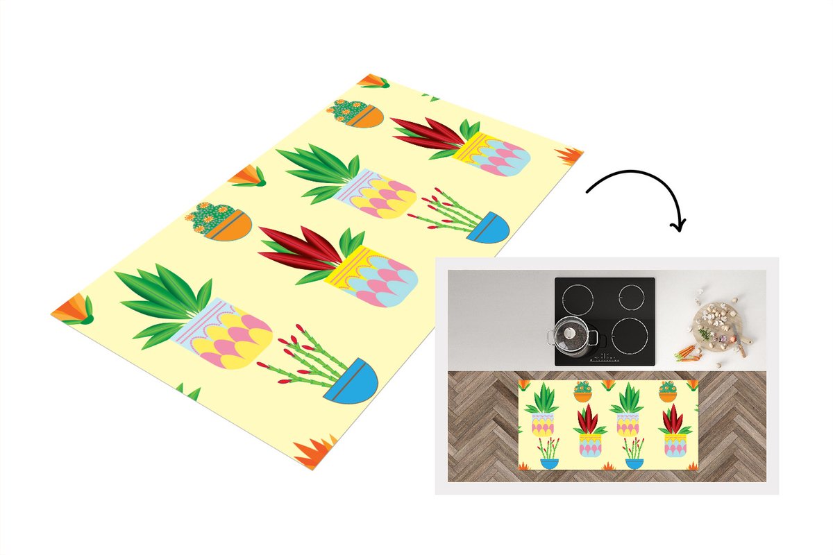 KitchenYeah Keukenloper - Loper keuken - Planten - Bloempot - Patronen - Regenboog - 120x60 cm - Keukenloper vinyl Multicolor