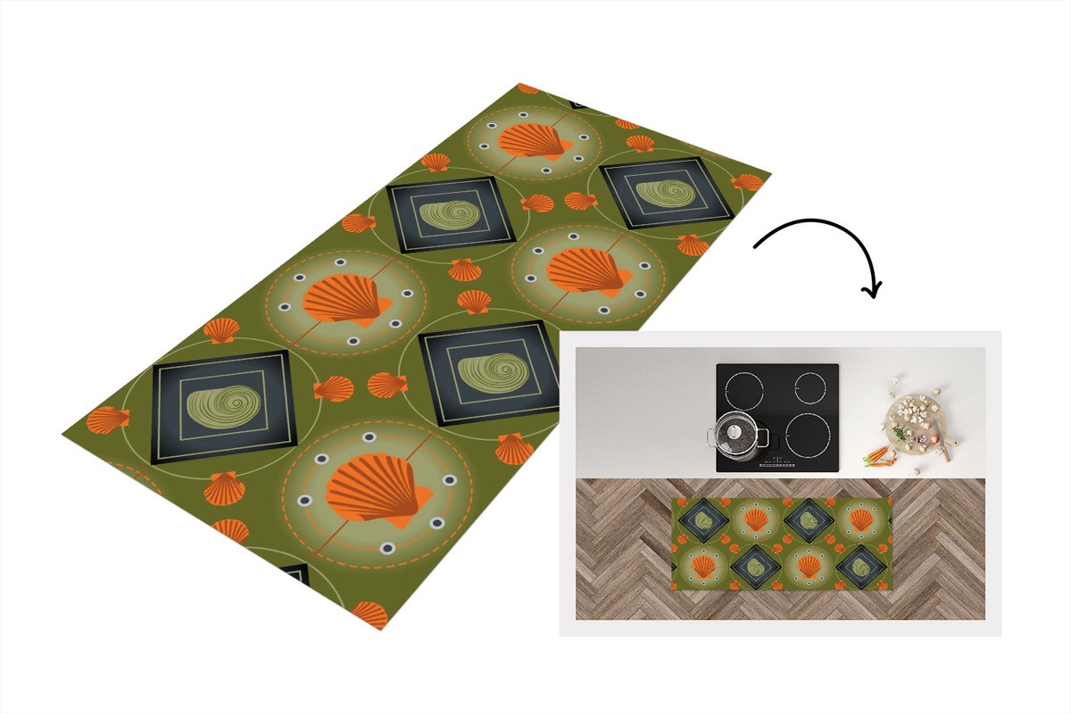 KitchenYeah Keukenloper - Loper keuken - Patchwork - Schelpen - Patronen - Zee - Strand - 120x50 cm - Keukenloper vinyl Multicolor