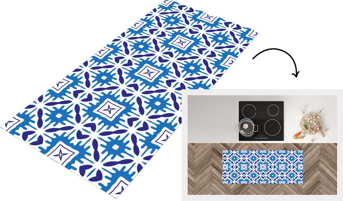 KitchenYeah Keukenloper - Loper keuken - Vector - Blauw - Tegels - Patronen - 120x50 cm - Keukenloper vinyl Multicolor