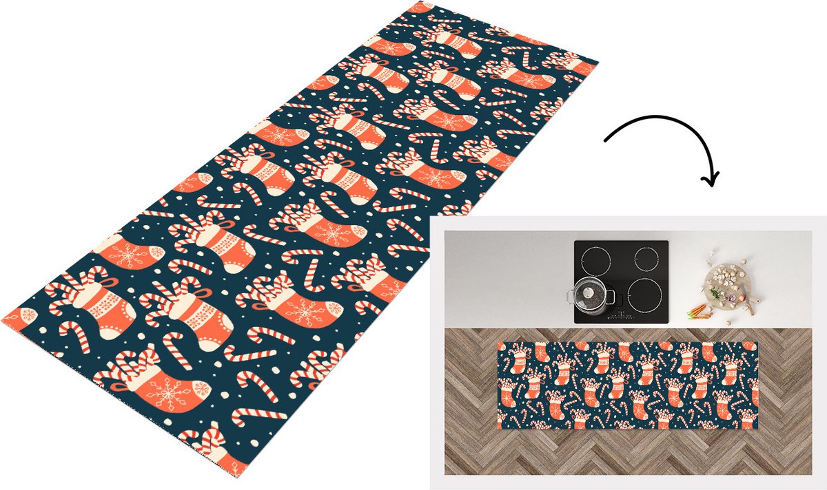 KitchenYeah Keukenloper - Loper keuken - Sokken - Snoep - Kerst - Patronen - 150x50 cm - Keukenloper vinyl Multicolor