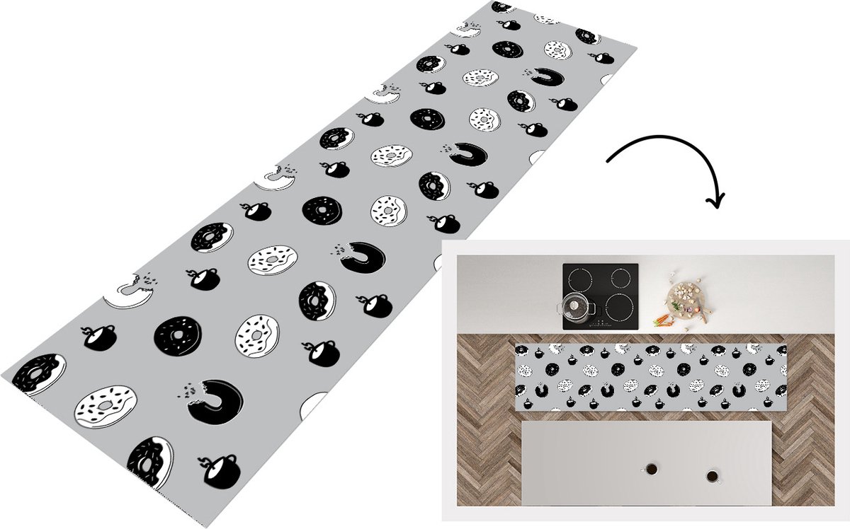 KitchenYeah Keukenloper - Loper keuken - Donut - Patronen - Koffie - Zwart Wit - 200x50 cm - Keukenloper vinyl Zwart; Wit