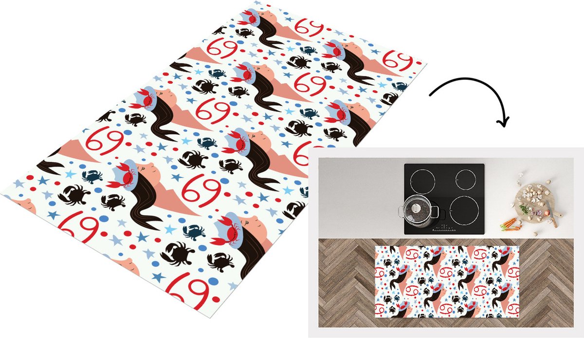 KitchenYeah Keukenloper - Loper keuken - Zodiac - Kreeft - Patroon - 120x60 cm - Keukenloper vinyl Multicolor
