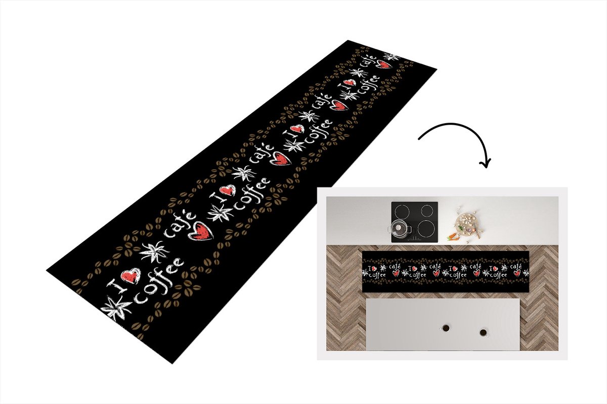 KitchenYeah Keukenloper - Loper keuken - Koffie - Patronen - Love - 200x50 cm - Keukenloper vinyl Multicolor