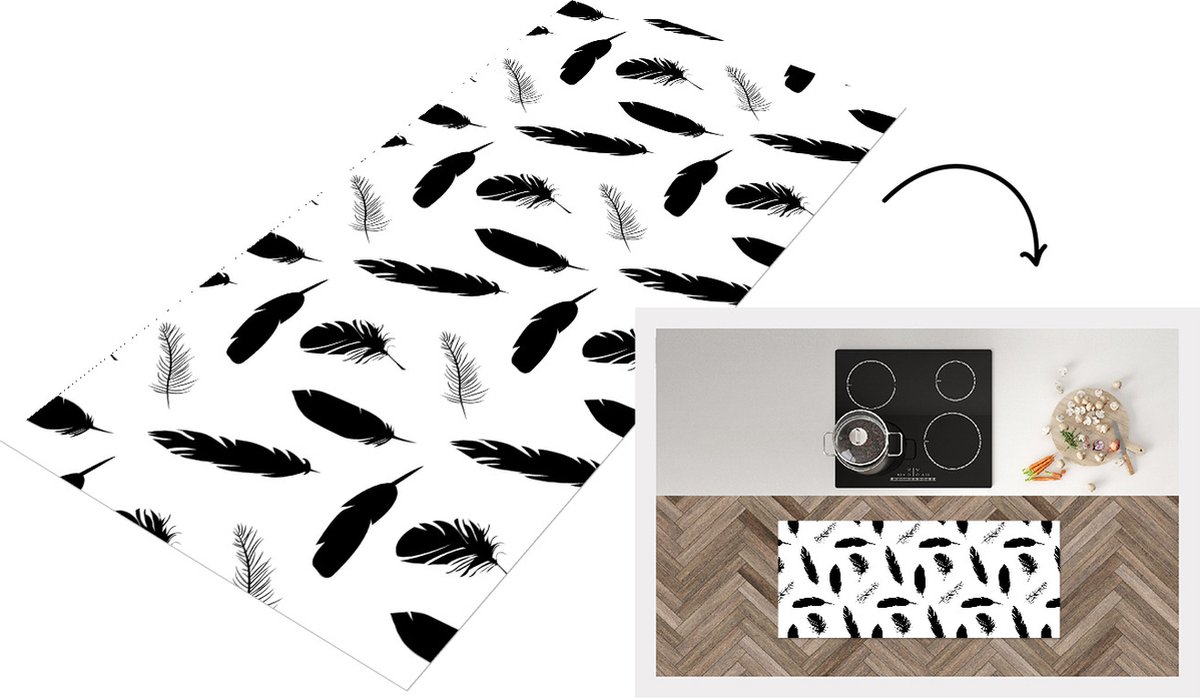 KitchenYeah Keukenloper - Loper keuken - Veren - Zwart Wit - Patroon - 120x50 cm - Keukenloper vinyl Zwart; Wit