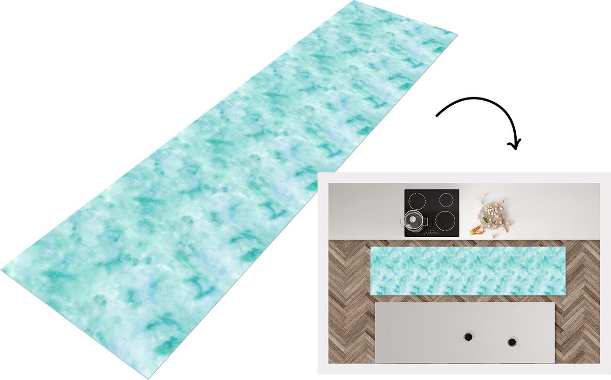 KitchenYeah Keukenloper - Loper keuken - Waterverf - Patronen - Turquoise - Aqua - Keukenloper vinyl, foto 6