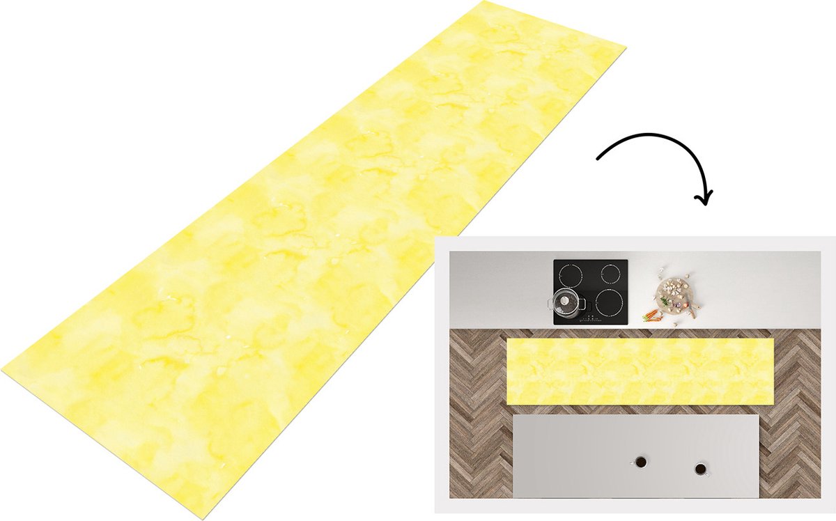 KitchenYeah Keukenloper - Loper keuken - Patronen - Waterverf - Geel - Marmer - 240x60 cm - Keukenloper vinyl Multicolor