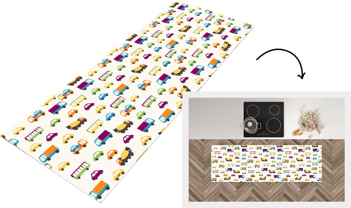 KitchenYeah Keukenloper - Loper keuken - Auto - Patronen - Voertuigen - 180x60 cm - Keukenloper vinyl Multicolor