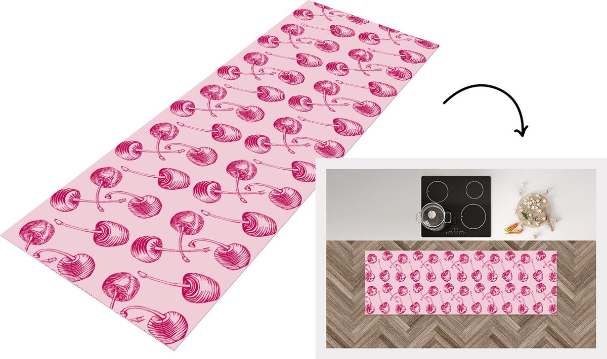 KitchenYeah Keukenloper - Loper keuken - Vintage - Kersen - Patronen - Roze - 180x60 cm - Keukenloper vinyl Multicolor