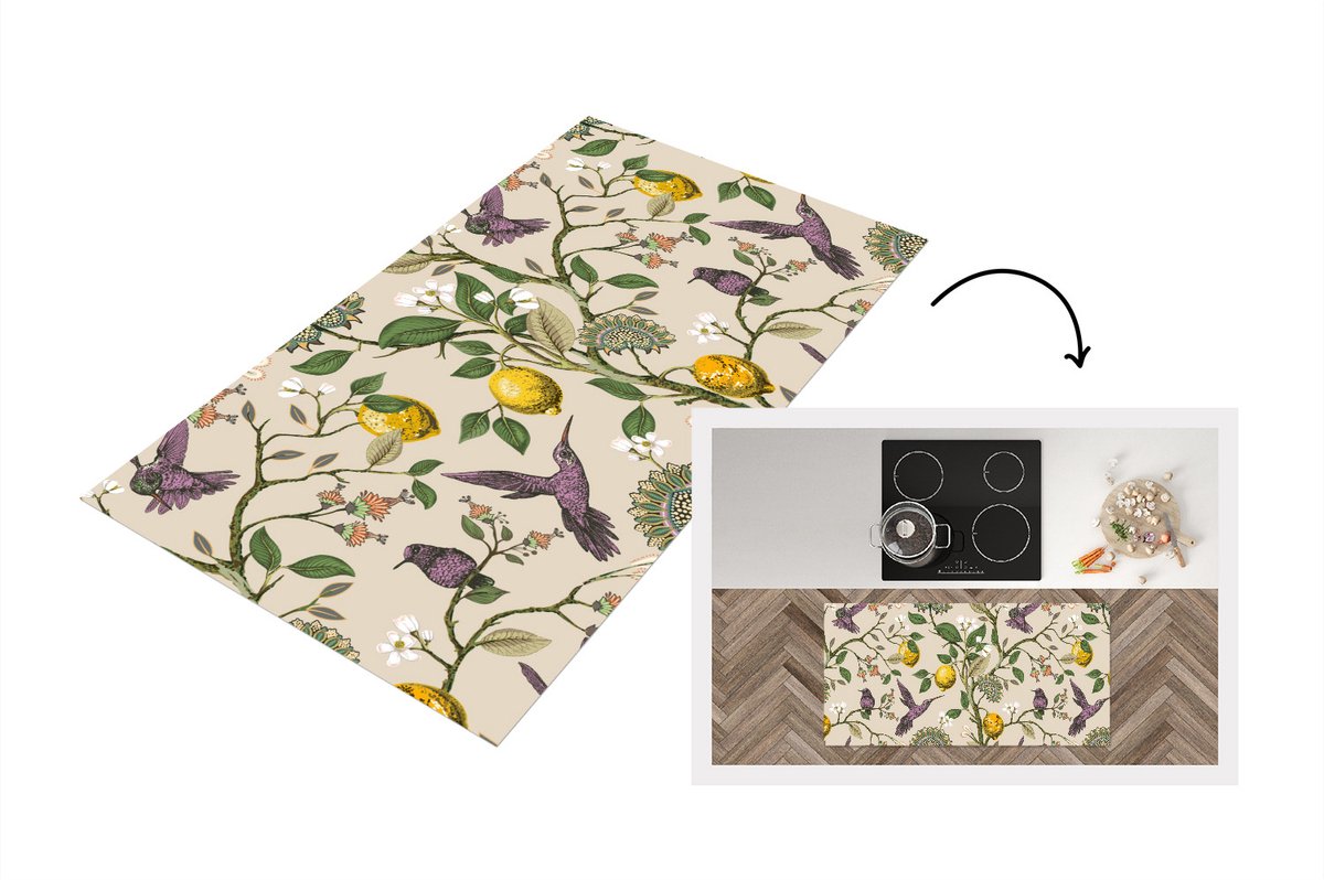 KitchenYeah Keukenloper - Loper keuken - Patroon - Vogel - Planten - Fruit - 120x60 cm - Keukenloper vinyl Multicolor