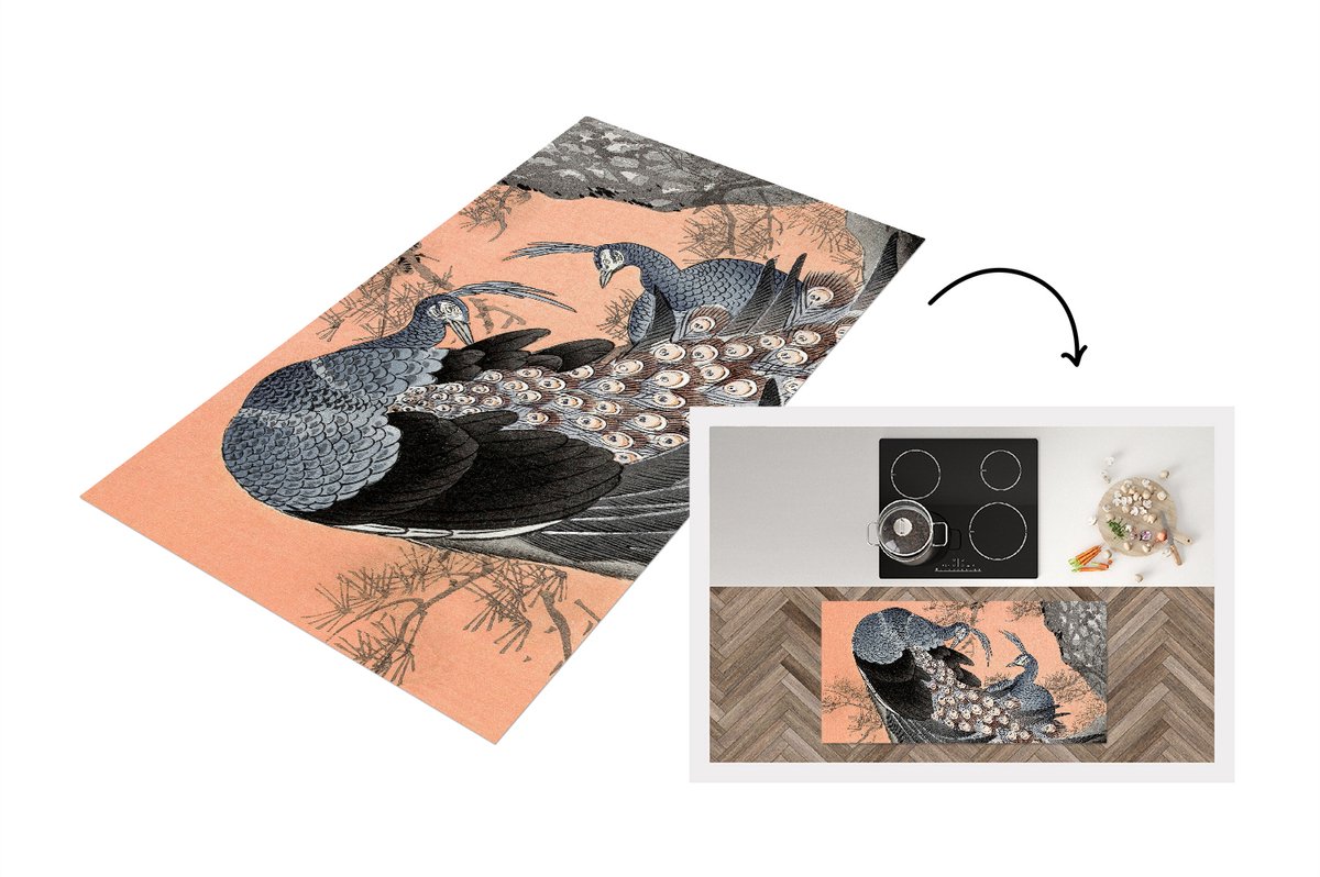 KitchenYeah Keukenloper - Loper keuken - Pauwenveren - Vintage - Japans - Pauw - 120x60 cm - Keukenloper vinyl Multicolor