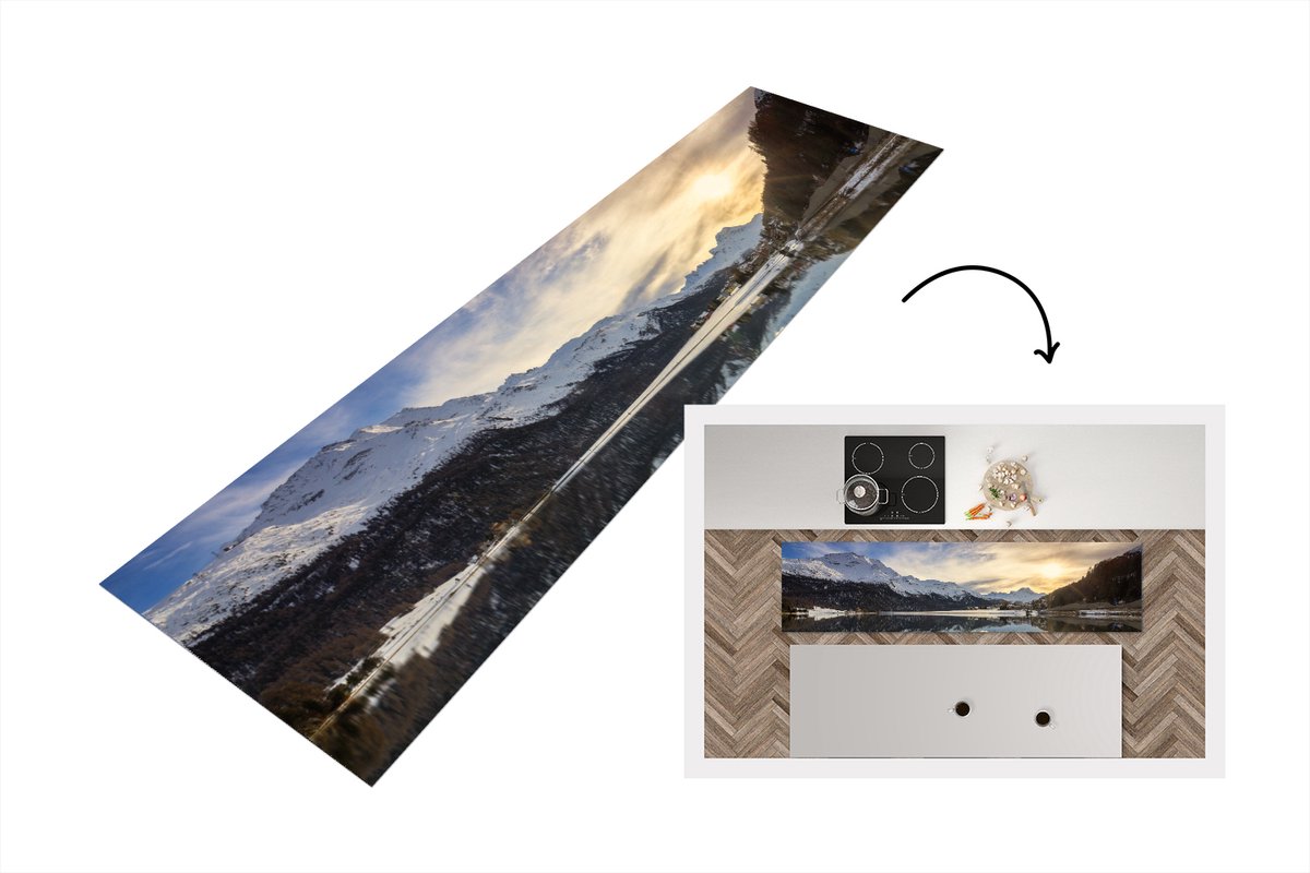 KitchenYeah Keukenloper - Loper keuken - Bergmeer in de winter Zwitserland - 240x60 cm - Keukenloper vinyl Multicolor