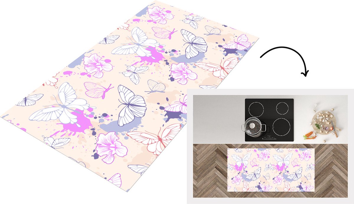 KitchenYeah Keukenloper - Loper keuken - Vlinder - Patronen - Bloemen - 120x60 cm - Keukenloper vinyl Multicolor