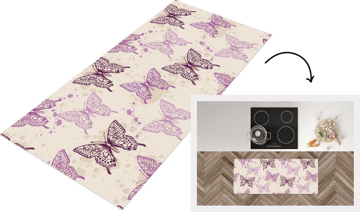 KitchenYeah Keukenloper - Loper keuken - Dieren - Patronen - Paars - Vlinder - 120x50 cm - Keukenloper vinyl Multicolor
