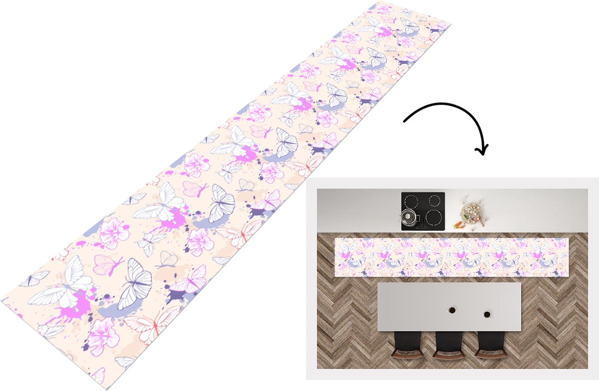 KitchenYeah Keukenloper - Loper keuken - Vlinder - Patronen - Bloemen - 300x50 cm - Keukenloper vinyl Multicolor