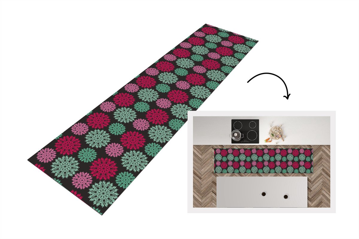 KitchenYeah Keukenloper - Loper keuken - Bloemen - Vintage - Roze - Turquoise - Patronen - 240x60 cm - Keukenloper vinyl Multicolor