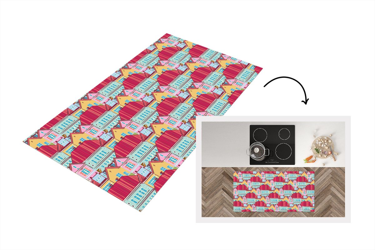 KitchenYeah Keukenloper - Loper keuken - Huizen - Zentangle - Patronen - 120x60 cm - Keukenloper vinyl Multicolor