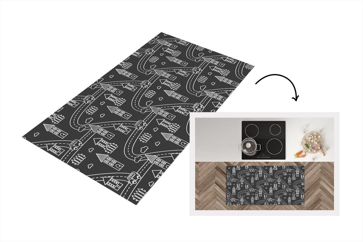 KitchenYeah Keukenloper - Loper keuken - Patronen - Huis - Auto - 120x60 cm - Keukenloper vinyl Multicolor